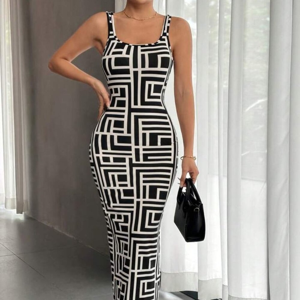 Long Black and White Geometric Pattern Dress M